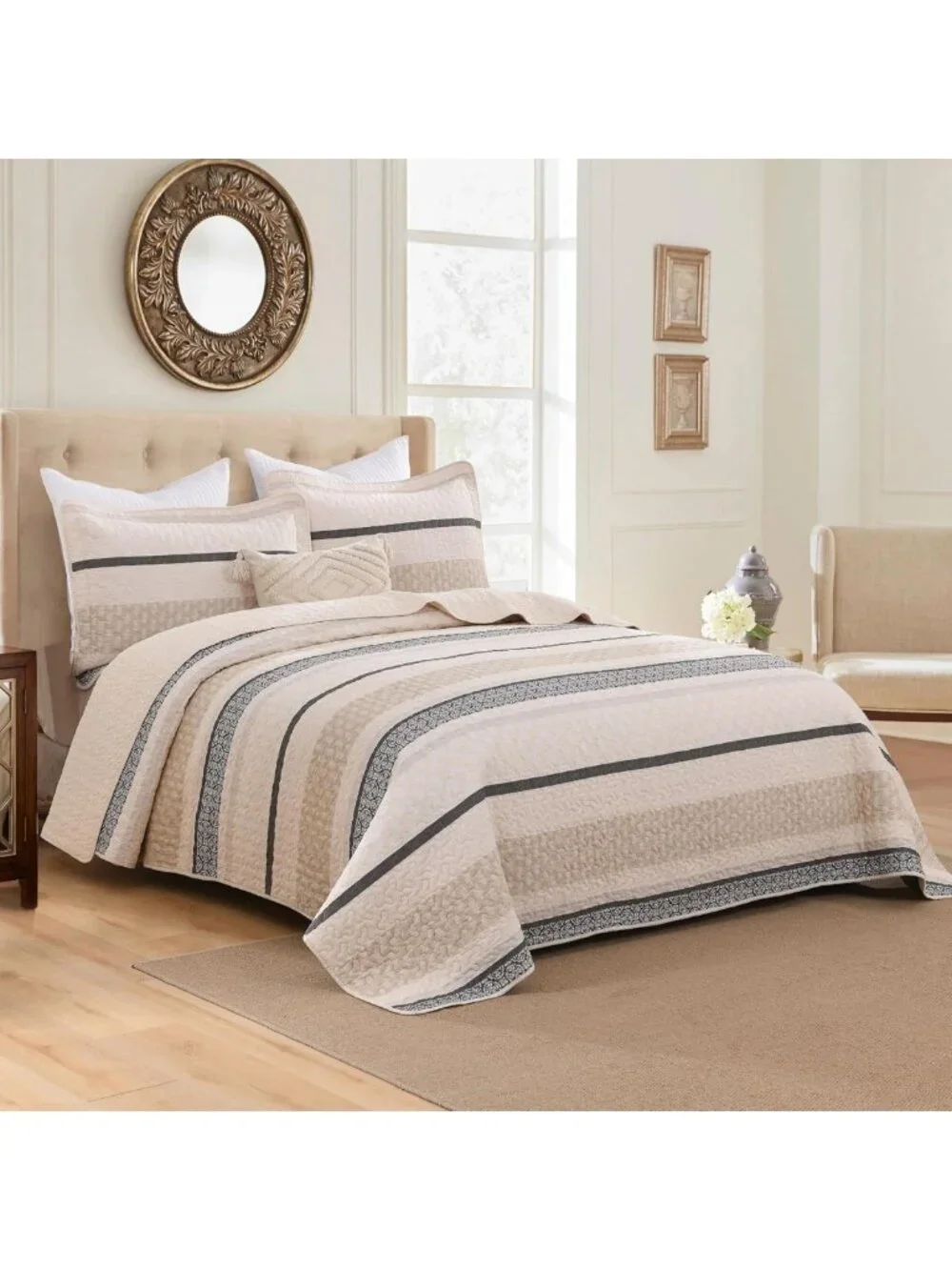 Reversible King Size Comforter Set - Lightweight Beige & Grey Striped Bedding, 2